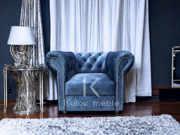 Tapicerowany Fotel Unikatowy w ciemnoniebieskim Magic Velvet 2203, Ciemnoniebieski Chesterfield tradycyjny w salonie glamour porady na wnętrza.