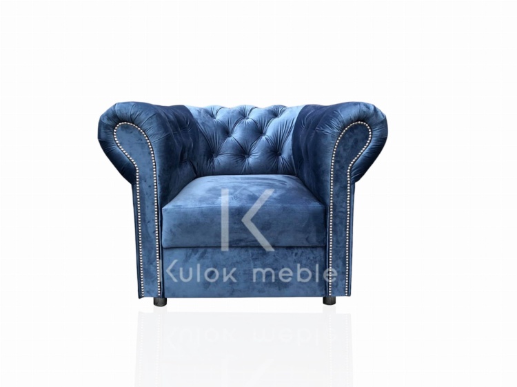 Fotel Klasyczny Chesterfield. Tradycyjny fotel jednoosobowy  Listwy Włoskie Srebrny Chrom, tkanina premium Magic Velvet 2203