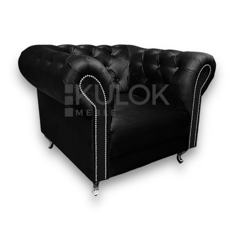 Designerski Fotel Chesterfield Ludwik - Pikowana Czarna Tkanina, Wysokie Oparcie, Srebrne Nogi, Listwy Glamour - Nowoczesny Salon