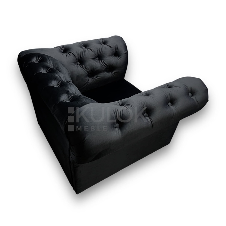 Fotel Ludwik Chesterfield w Czarnym Velvet - Luksusowe Pikowanie, Eleganckie Listwy Glamour, Srebrne Nogi - Stylowy Salon