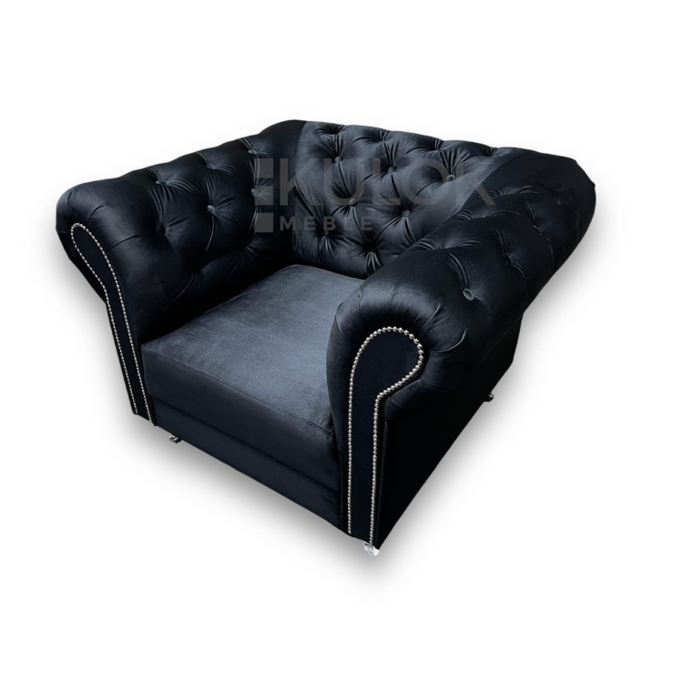 Unikatowy Fotel Ludwik Chesterfield - Czarny Velvet, Pikowane Wysokie Oparcie, Srebrne Metalowe Nogi, Listwy Glamour