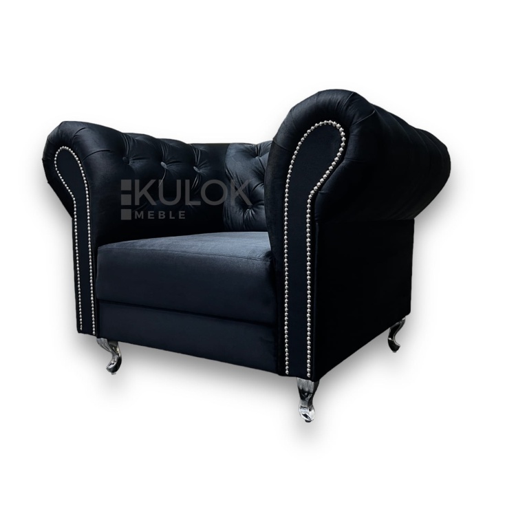 Ekskluzywny Fotel Ludwik Chesterfield - Czarna Tkanina Fresh 17 Velvet, Pikowane Detale, Srebrne Nogi, Listwy Glamour