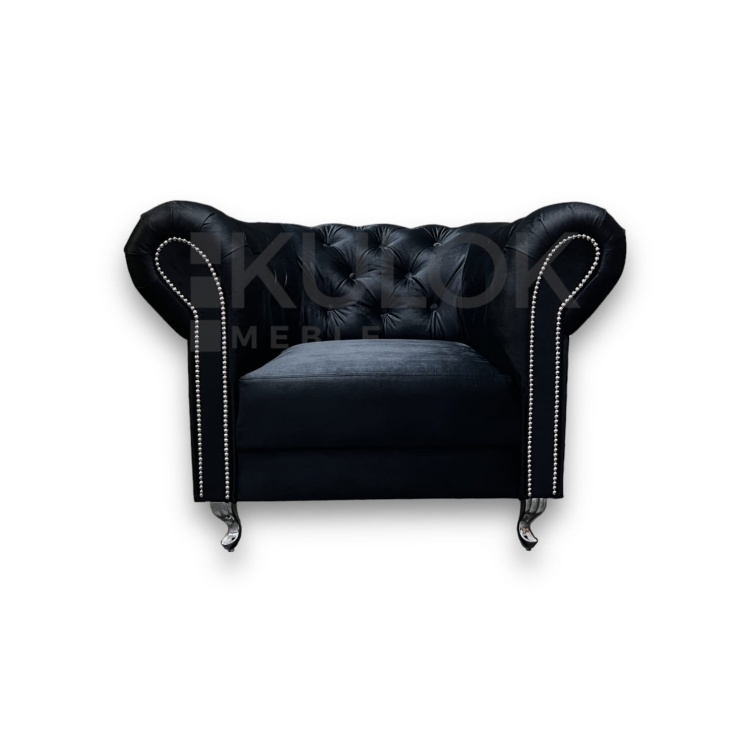 Fotel Chesterfield Ludwik - Elegancka Czarna Tkanina, Pikowane Wysokie Oparcie, Srebrne Nogi, Listwy Glamour - Luksusowy Design