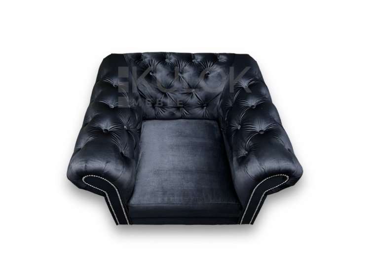 Salonowy Fotel Ludwik Chesterfield - Czarna Tkanina Fresh 17 Velvet, Wysokie Oparcie, Pikowane Detale, Srebrne Nogi