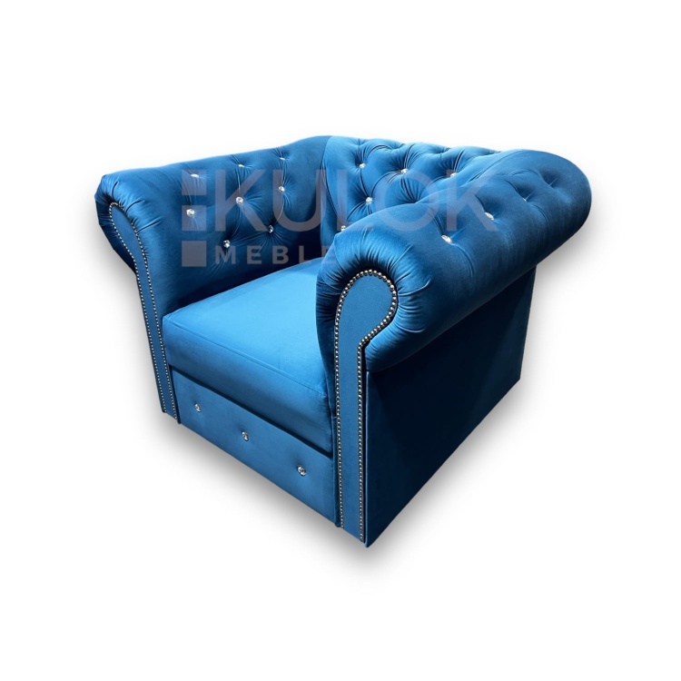 Chesterfield Fotel Glamour z Srebrnymi Kryształkami - Pikowane Oparcie, Magic Velvet 2203, Listwy w Srebrnym Chromie