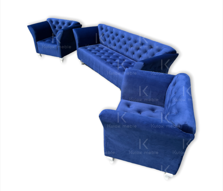 Kompleksowy Zestaw Mebli do Salonu - Sofa 3-Osobowa i Dwa Fotele Skandynawskie Chester w Granatowym Velvet