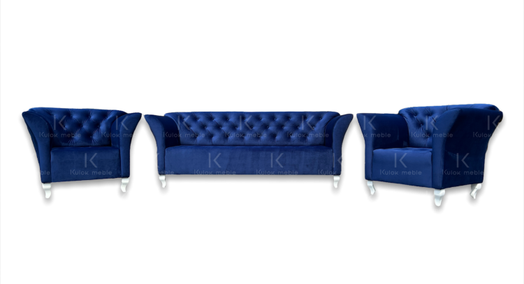 Elegancki Zestaw Salonowy - Nowoczesna Sofa 3-Osobowa z Dwoma Fotelami Skandynawskimi Chester w Kolorze Granatu