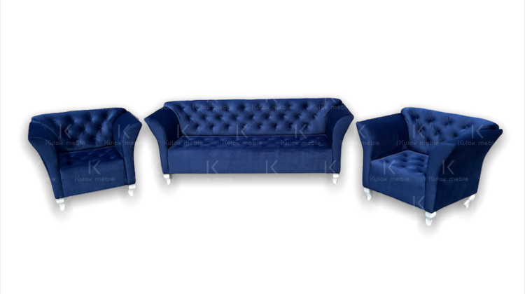 Zestaw Mebli do Salonu - Granatowa Sofa 3 Osobowa + Dwa Fotele Skandynawskie Chester, Elegancja i Komfort