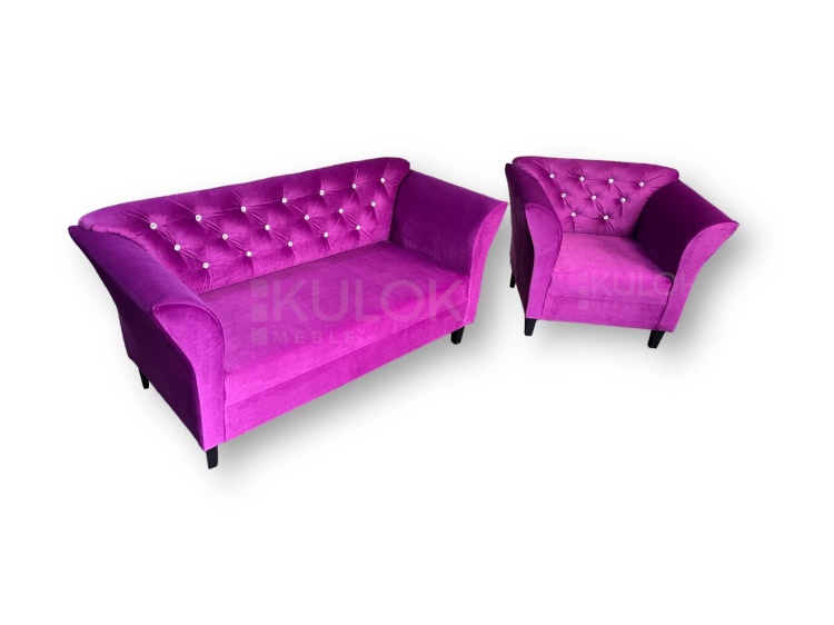 Elegancki Zestaw Fotel Skandynawski Chester Glamour - Sof i Purpurowy Fotel, Kryształy, Czarne Połyskujące Nogi