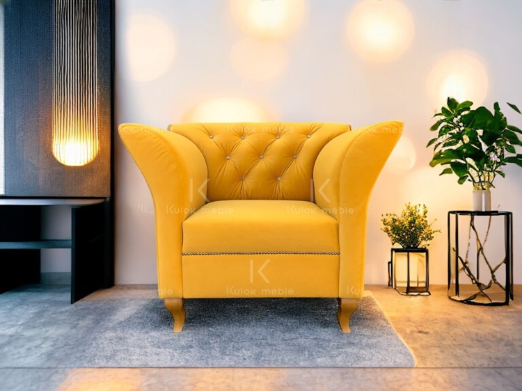 Nowoczesny Fotel Skandynawski Chester - Pomarańczowy Velvet, Kryształki i Drewniane Elementy od producenta na zamówienie.