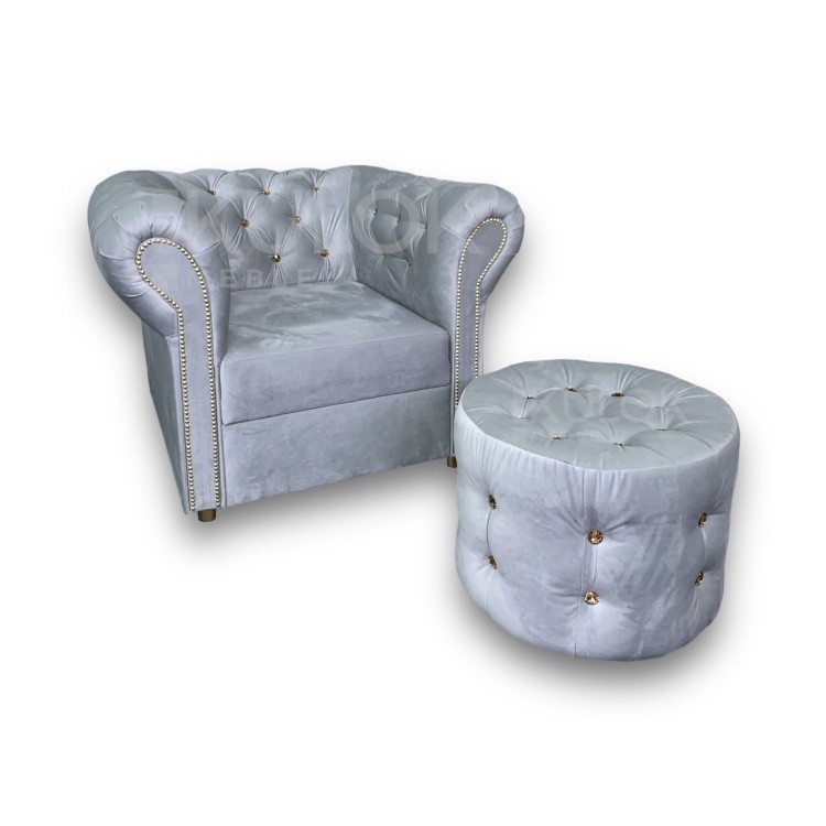 Zestaw Mebli Glamour Chesterfield - Fotel Szary Prestige 2770 z Kryształkami Złotymi i Pufa Okrągła Pikowana