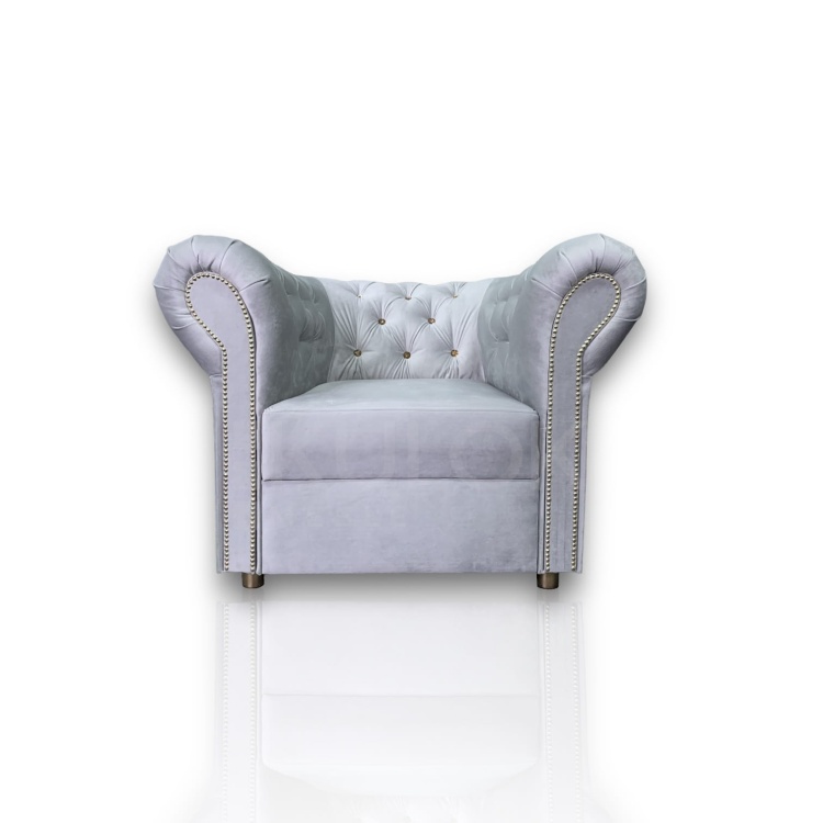 Luksusowy Fotel Pikowany w Glamour Chesterfield - Szary Prestige, Kryształki Złote