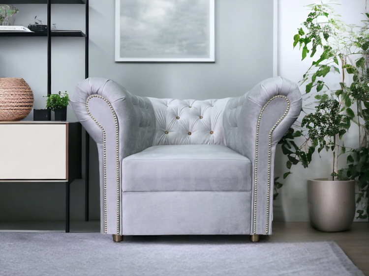 Elegancki Fotel Glamour Chesterfield - Szary Prestige, Kryształki Złote - Wyjątkowy Styl