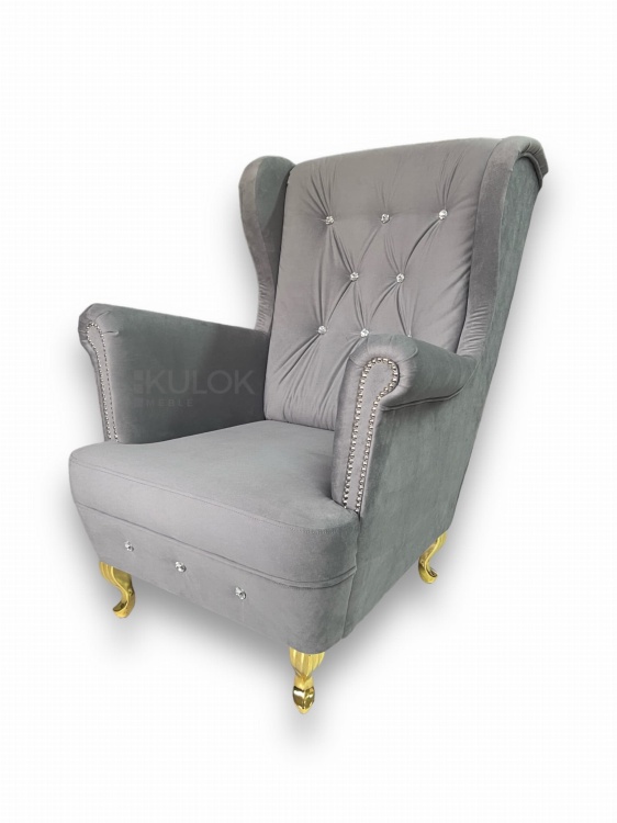 Elegancki szary fotel z kryształkami - Uszak Extra Glamour w szarym odcieniu