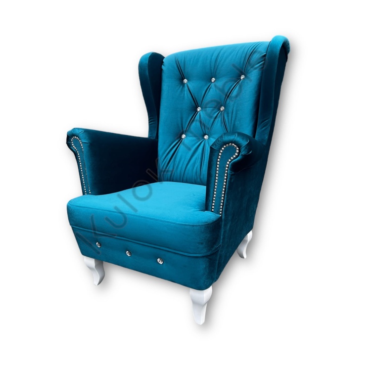 Fotel Uszak Glamour w Odcieniu Morskiego Turkusowego Weluru - Luksus i Elegancja.
