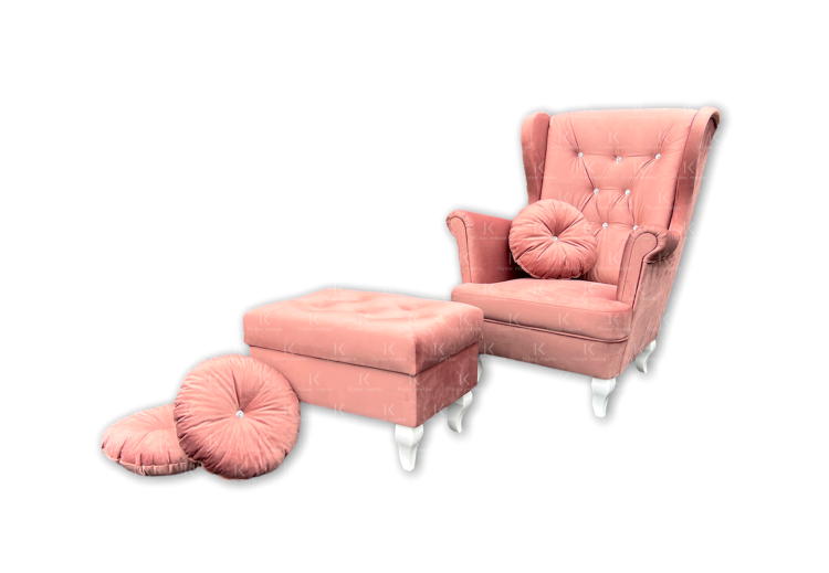 Różowy Fotel Uszak z Plisowaną Poduszką i podnóżkiem - Styl Glamour w różowym welurze