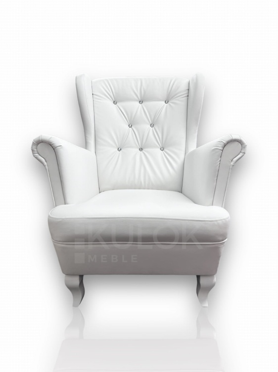 Fotel Uszak z Kryształkami Swarovski w białej Eco skórze - Wygodne Siedzisko