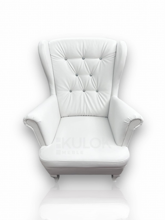 Luksusowy Fotel Uszak - Pikowane Oparcie z Kryształkami na białych nogach Ludwik