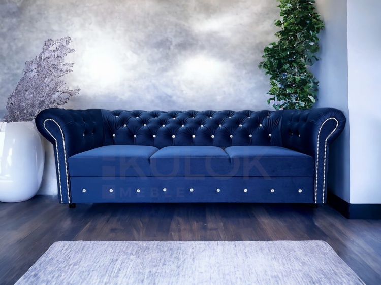 Granatowy Welur - Pikowana Sofa Designerska z funkcja spania na wymiar od producenta w salonie