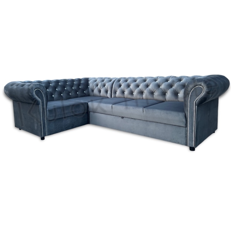 Szary Chesterfield - Narożnik Belvedere z Pikowaniem Kryształkami