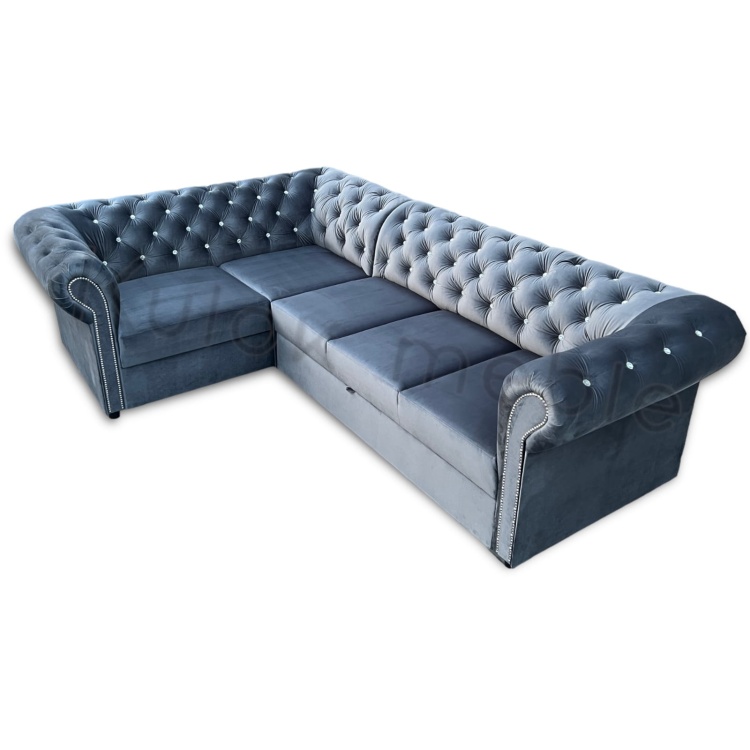 Narożnik na Wymiar - Listwy Srebrne i funkcja spania DL w pikowanym chesterfield