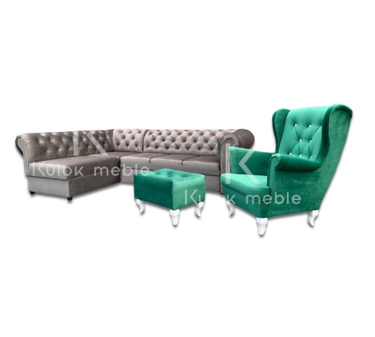 Funkcjonalny Narożnik z Guzikami Materiałowymi - Listwy Ozdobne i Pojemnik na Pościel z fotelem uszak i podnóżkiem chesterfield.