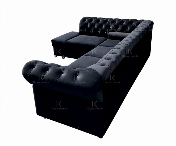 Narożnik Chesterfield z drewnem bukowym i pianką HR