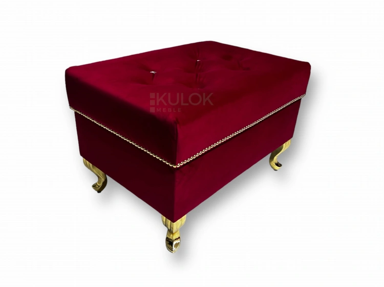 Purpurowa pufa Czerwień Magic Velvet, Ozdobne Ćwieki, Schowek, Złote Dodatki - Ekskluzywny Design