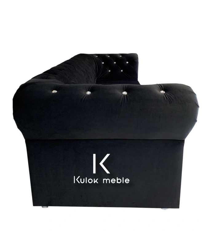 Czarna sofa Chesterfield z kryształkami - nowoczesna elegancja bok