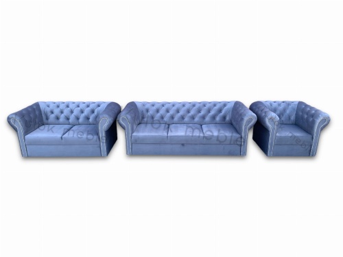 Chesterfield Welur Niebieski Pikowane Guziki zestaw