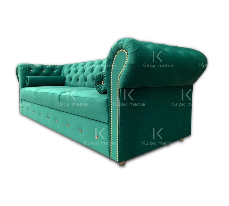 Butelkowa zieleń i eleganckie kryształki – Chesterfield Sofa, która wyróżnia się stylem złoto i zielony