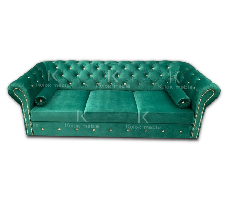 Pikowana elegancja w intensywnej zieleni – Chesterfield Sofa z kryształkami Magic Velvet 2225.