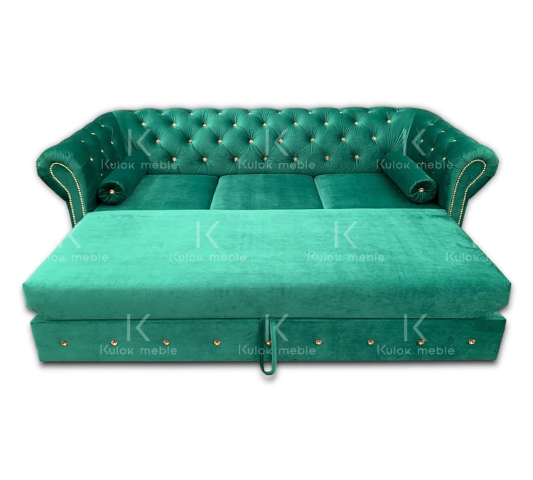kryształki złoto-brązowe i intensywna zieleń Magic Velvet 2225 w Sofie Chesterfield Glamour Warsaw rozkładana