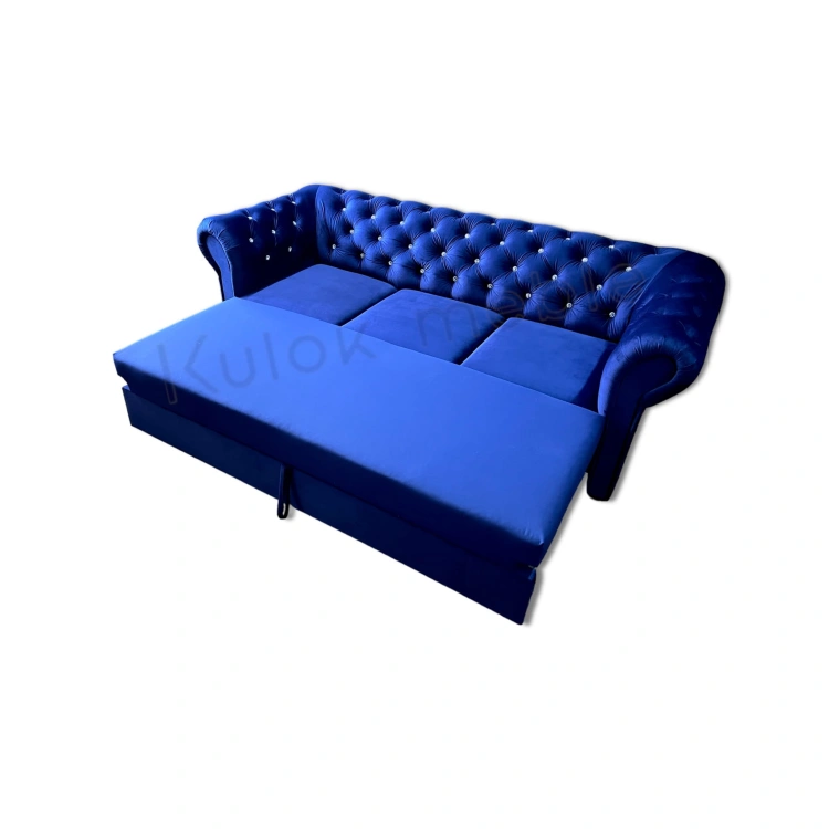 Sofa Chesterfield rozkładana w Odcieniu Granatu - Magic Velvet 2216 i Kryształki Swarovski dla Wyjątkowego Wnętrza