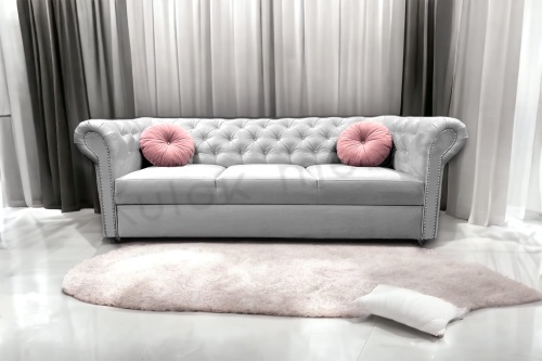 Chesterfield Sofa TOKIO z poduszkami różowymi - Trwała Elegancja z Pikowanym Aksamitnym Szarym Velvetem | Prestige 2770