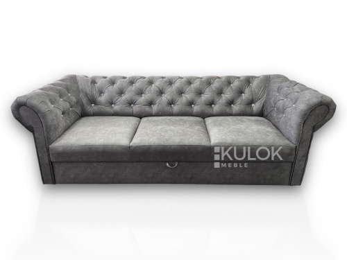 Szara Sofa 3-osobowa Chesterfield TOKIO z kryształkami 225cm