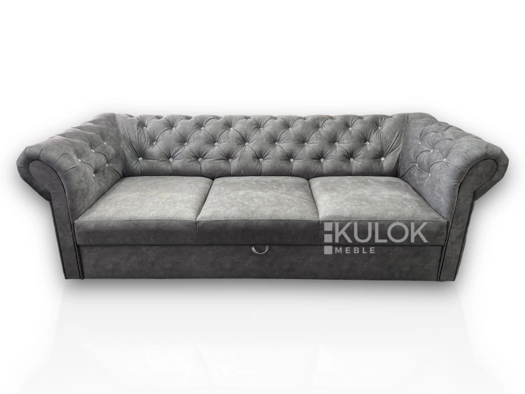 Szara Sofa 3-osobowa Chesterfield TOKIO z kryształkami 225cm
