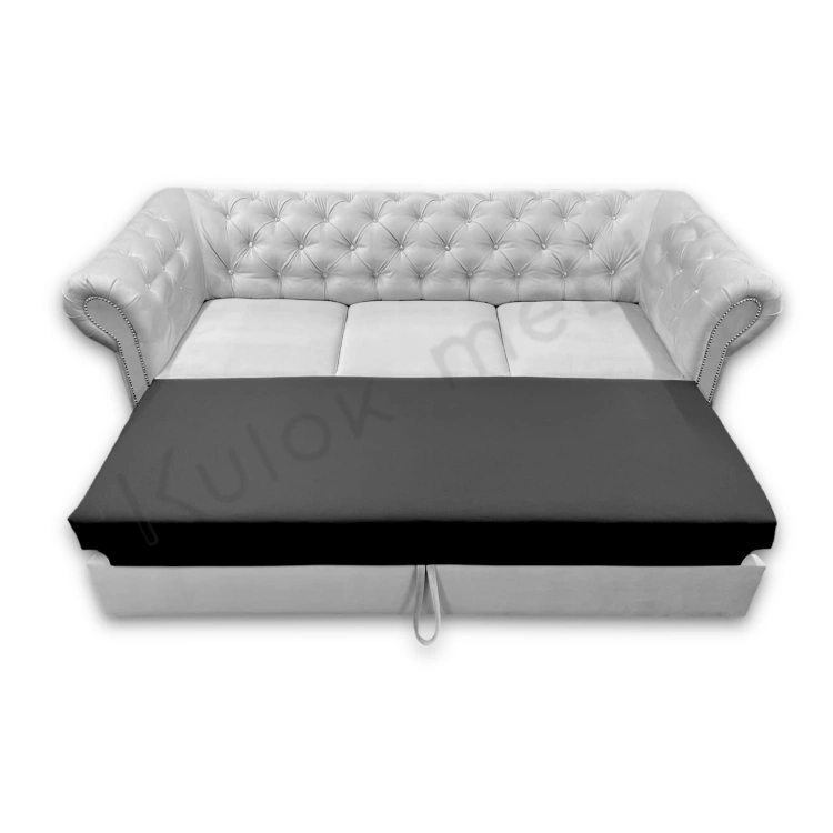 Sofa Chesterfield TOKIO z Funkcją Spania - Elegancja i Wygoda w Jednym. Prestige 2770 i Pikowany Aksamitny Szary Velvet dla Niepowtarzalnego Komfortu.