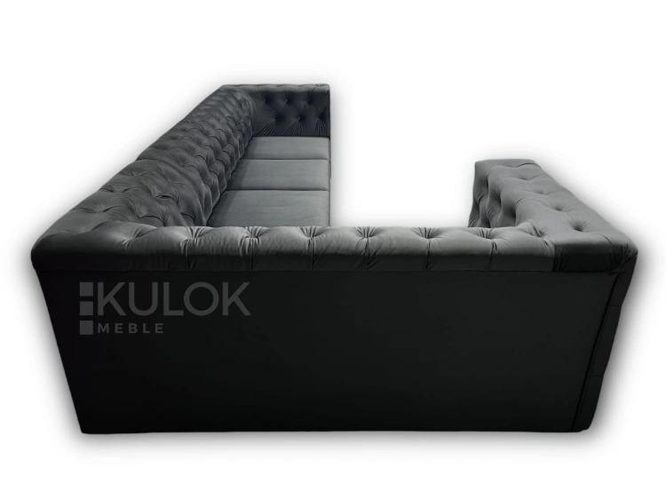 Wyjątkowy narożnik Manchester pikowany lewostronny - 300 cm x 180 cm czarny French Velvet 685 rozkładany, elegancki detal pikowania na bokach, luksusowa tkanina French Velvet 685
