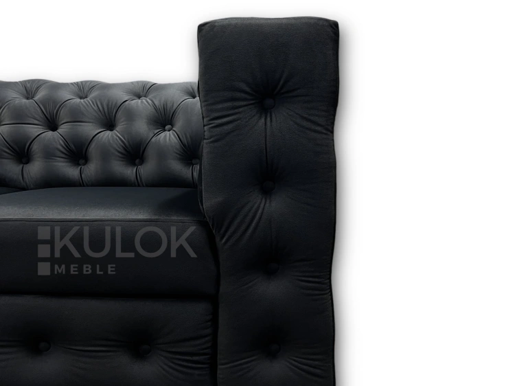 Wyjątkowe wykończenie narożnika Manchester - czarna French Velvet 685, eleganckie pikowanie, praktyczna funkcja spania, nowoczesny design w najwyższym standardzie