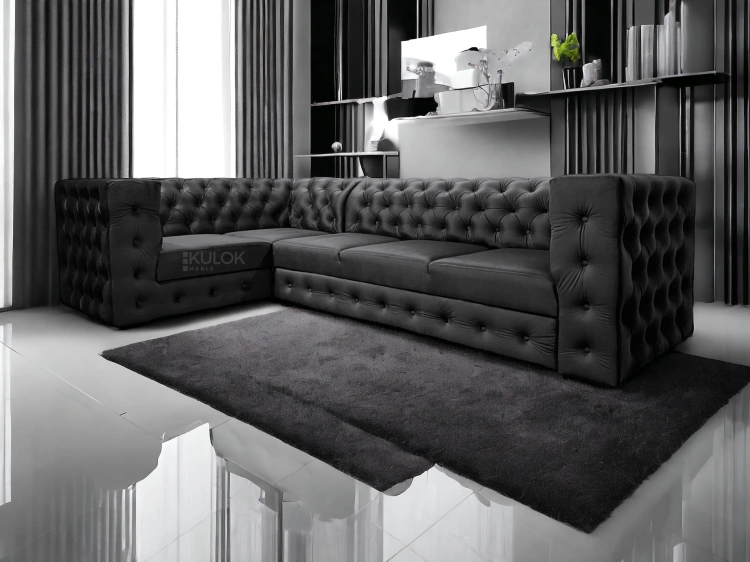Wyjątkowy design narożnika Manchester - eleganckie pikowanie, French Velvet 685, czarna kolorystyka, nowoczesna forma idealna do nowoczesnego salonu