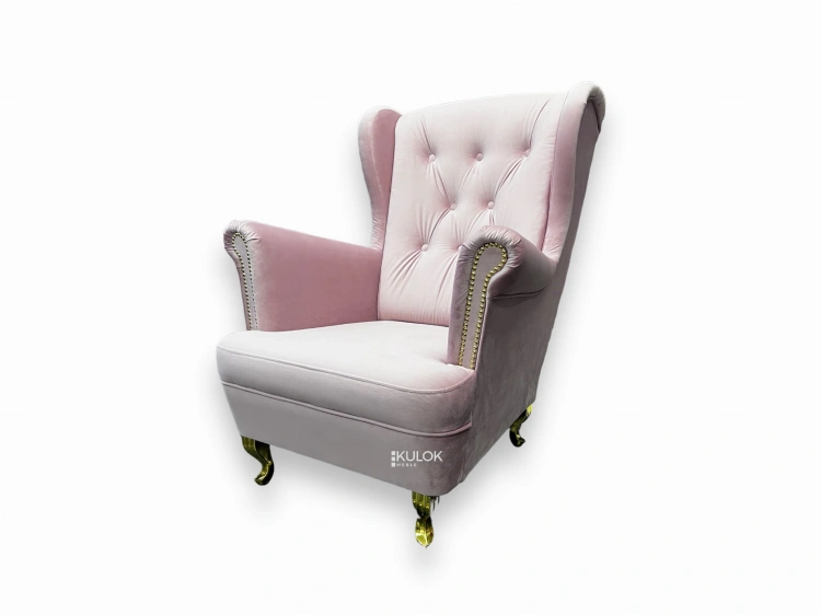 Fotel Uszak pikowany glamour z różowego weluru Magic Velvet