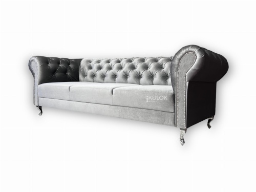 Sofa pikowana Chesterfield 3-osobowa w kolorze srebrnym