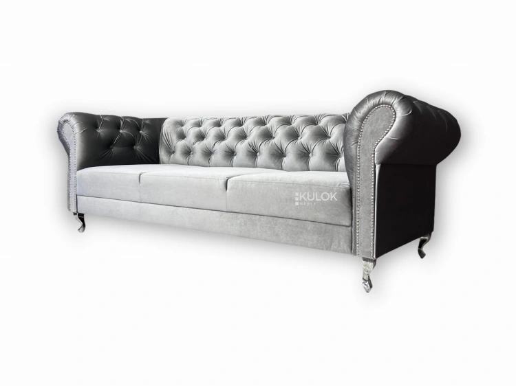 Sofa pikowana Chesterfield 3-osobowa w kolorze srebrnym