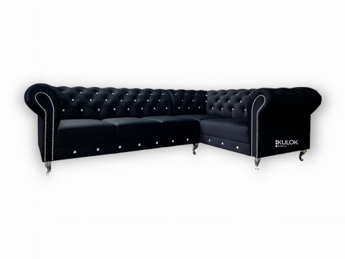 Luksusowa czarna narożna sofa Chesterfield z kryształkami w stylu glamour