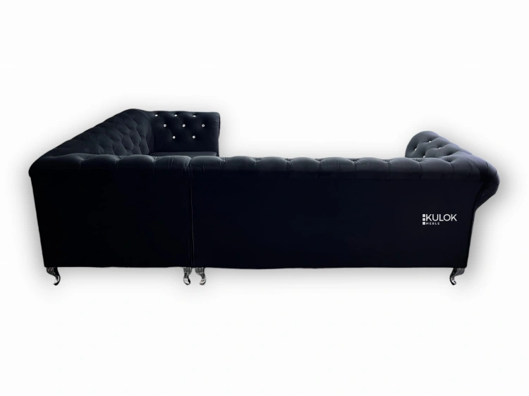 Stylowa czarna narożna sofa glamour Chesterfield z wytrzymałą konstrukcją z drewna bukowego