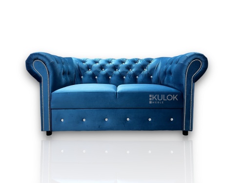 Sofa Chesterfield dwuosobowa, pikowana, welurowa, niebieska