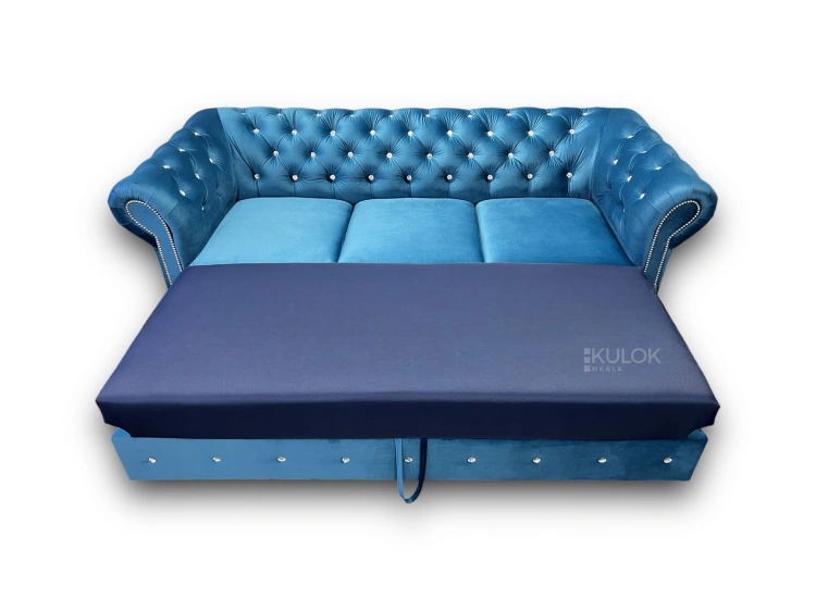 Ekskluzywna sofa glamour 225 cm, welurowa, z kryształkami i ozdobnymi ćwiekami, rozkładana.