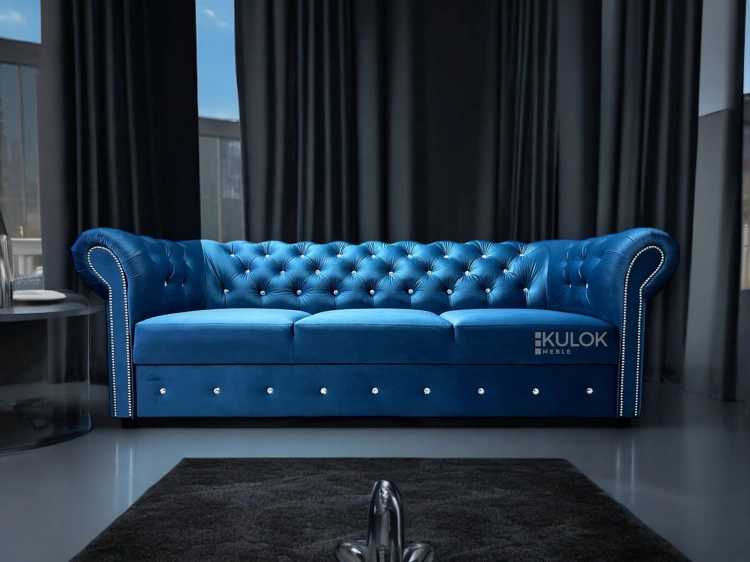 Luksusowa sofa glamour z kryształkami i funkcją spania, 225 cm szerokości, welur Magic Velvet.
