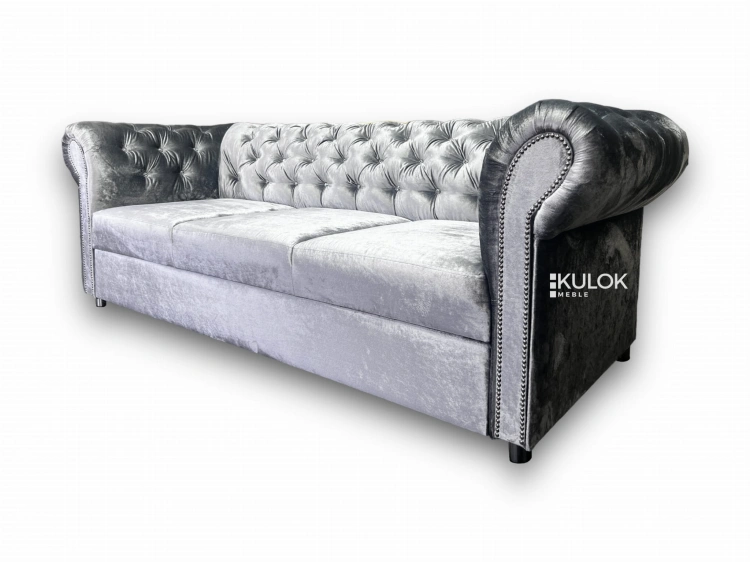 Sofa glamour w połyskującym welurze Gloss Velvet, trzyosobowa, z funkcją spania, pikowana.